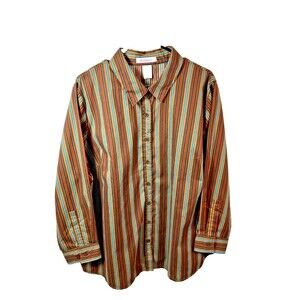 Roaman's Women's 1X Blouse Brown Black Teal Red Striped Button Up Long Sleeve